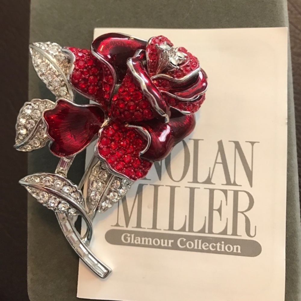 Vintage Nolan Miller Rhinestone Enamel Red Rose Brooch Pin Silver Tone Romantic - Picture 7 of 11
